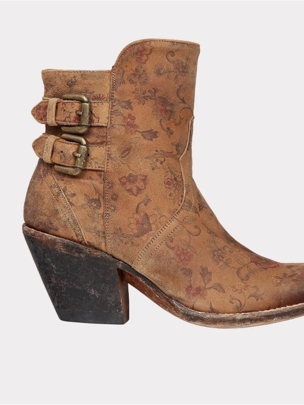 Lucchese Tan Brown Floral Suede Ankle Boots with Double Buckles